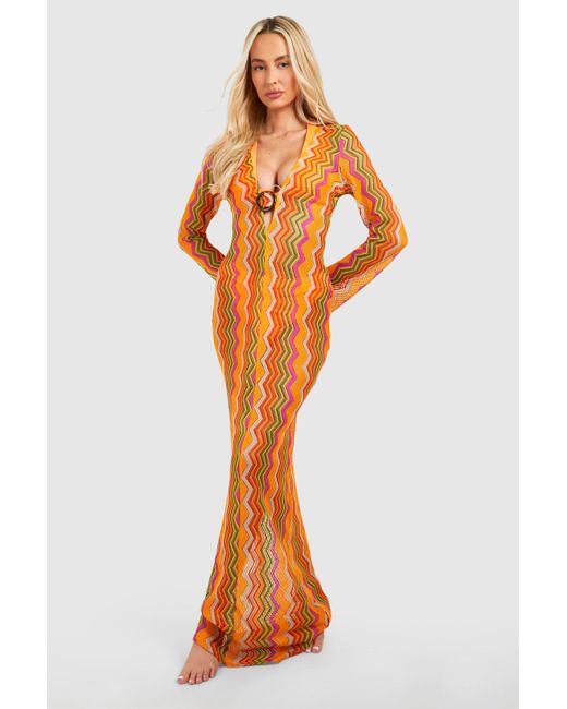Boohoo Orange Tall Zig Zag Crochet Beach Maxi Dress