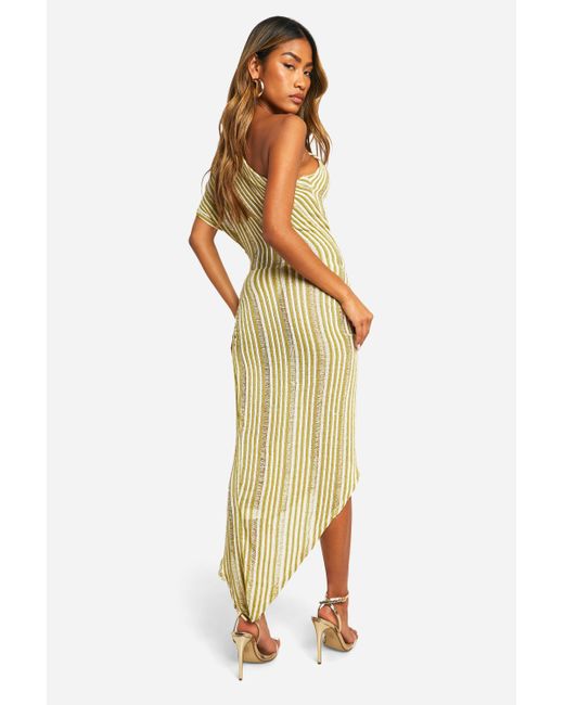 Boohoo Metallic Assymetric One Shoulder Stripe Sheer Knitted Maxi Dress