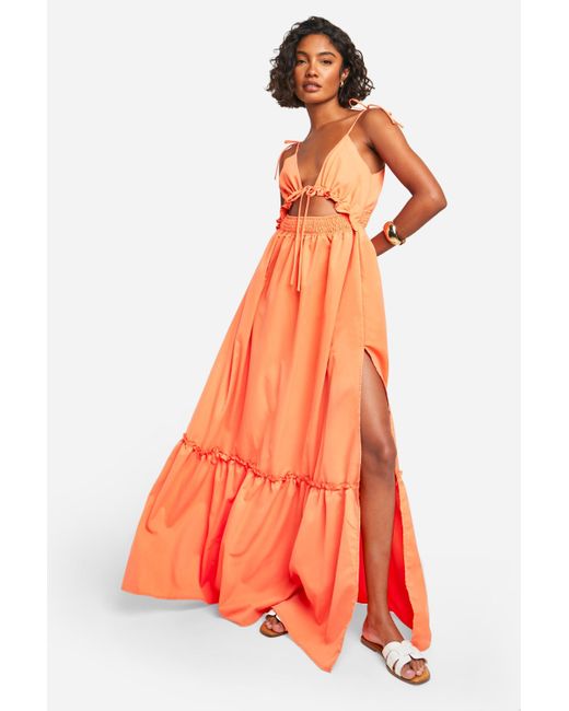 Boohoo Orange Tall Woven V Neck Strappy Tiered Maxi Dress
