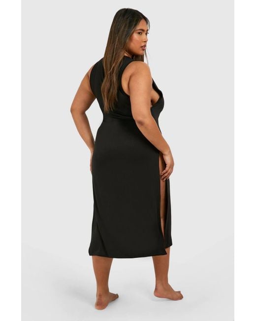 Boohoo Black Plus Basic Split Beach Dress Cover Up