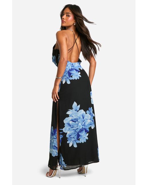 Boohoo Blue Floral Print Cowl Neck Maxi Dress