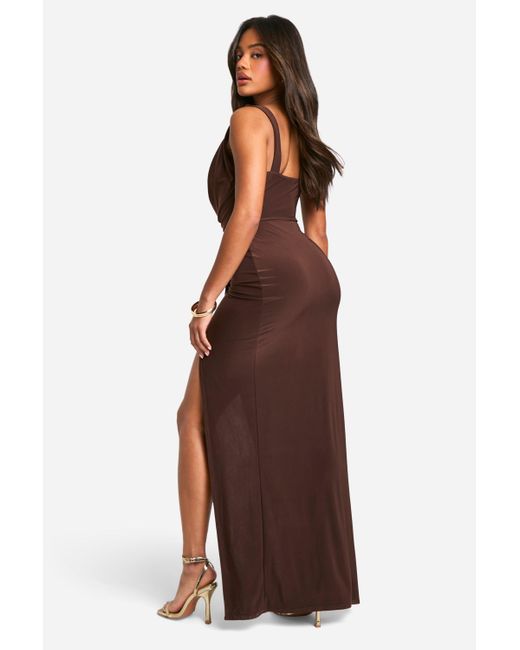 Boohoo Brown Slinky Rouched Wrap Maxi Dress
