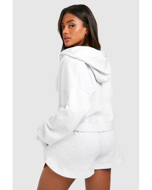 Boohoo White 3 Piece Corset Top Zip Through Hooded Short Tracksuit