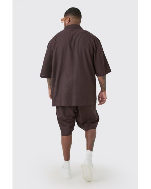 Boohoo Brown Plus Drop Revere Linen Shirt & Short Set In Chocolate