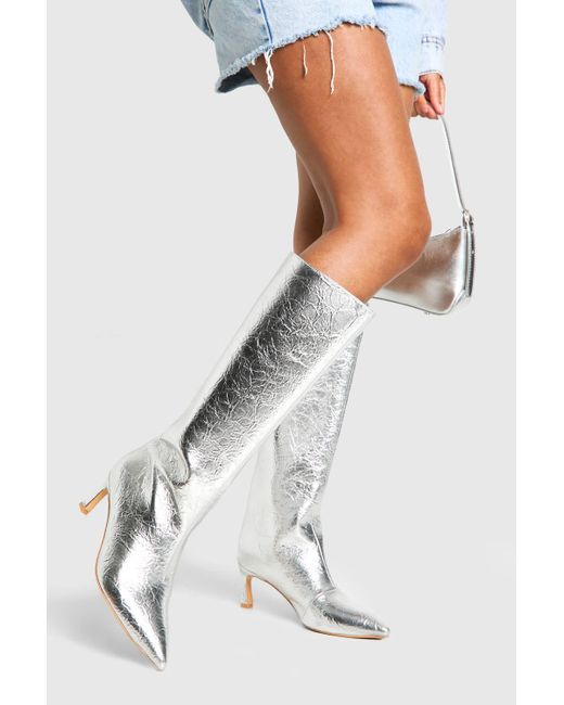 Boohoo White Textured Metallic Column Knee High Boots