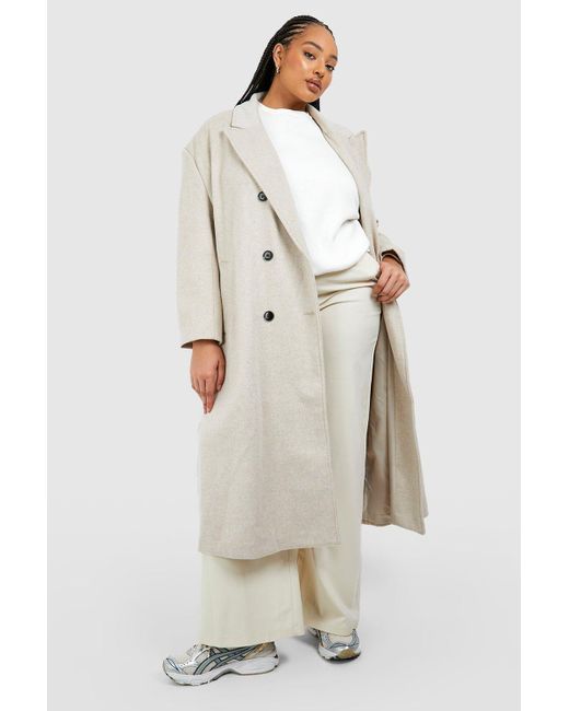 Boohoo Plus Oversized Shoulder Pad Double Breast Maxi Wool Coat in Natural  | Lyst UK
