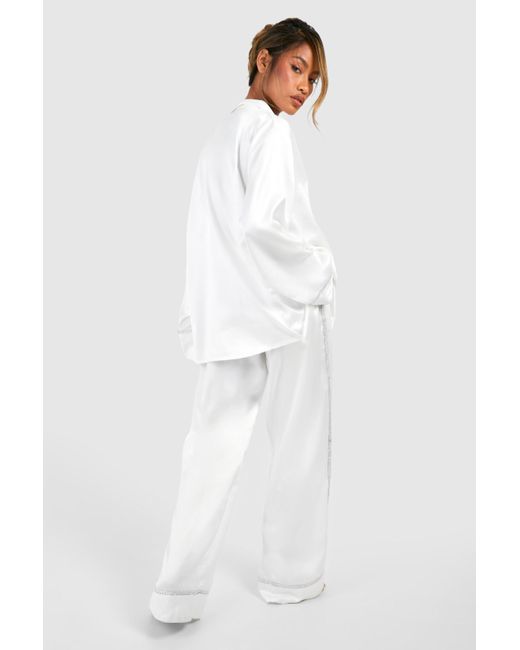 Bridal Diamante Shirt And Trouser Pyjama Set Boohoo de color White