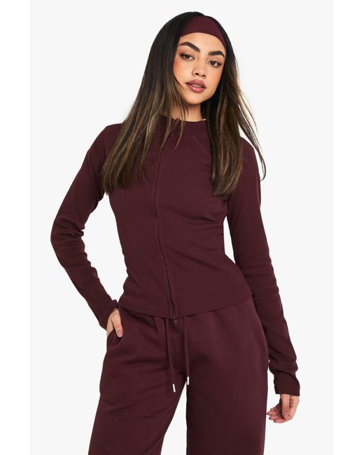 Boohoo Red Ribbed Zip Through Sweatshirt