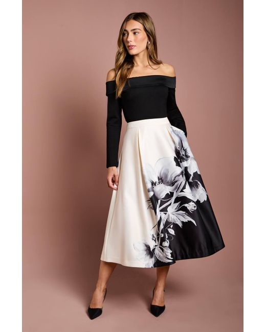 Coast Black Satin Midi Skirt With Placement Print