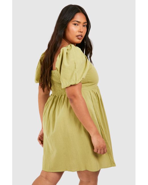 Boohoo Green Plus Linen Puff Sleeve Mini Smock Dress