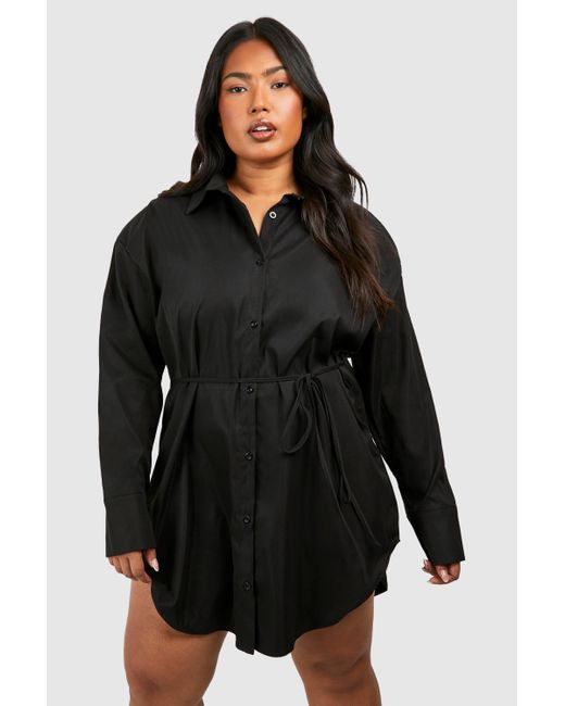Boohoo Black Plus Cotton Cinched Waist Shoulder Pad Shirt Dress
