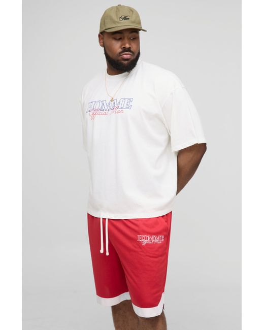 BoohooMAN White Plus Oversized Boxy Homme Landscape Print T-Shirt & Basket Ball Short Set for men
