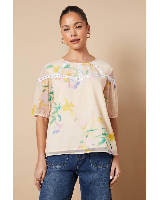 Oasis Blue Floral Hand Embellished Trim Scoop Neck Half Sleeve Blouse
