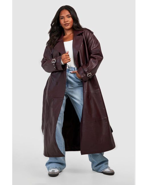 Boohoo Plus Double Breast Faux Leather Maxi Trench Coat in Blue | Lyst UK