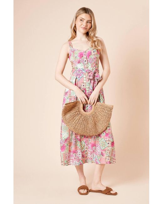 Dorothy Perkins Pink Tile Printed Button Up Belted Linen Midi Dress