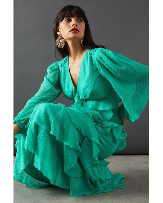 Warehouse Green Dobby Chiffon Ruffle Midi Dress