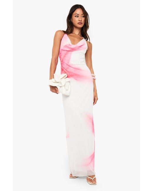 Boohoo Tall Mesh Floral Print Cowl Maxi Dress in Pink | Lyst Canada