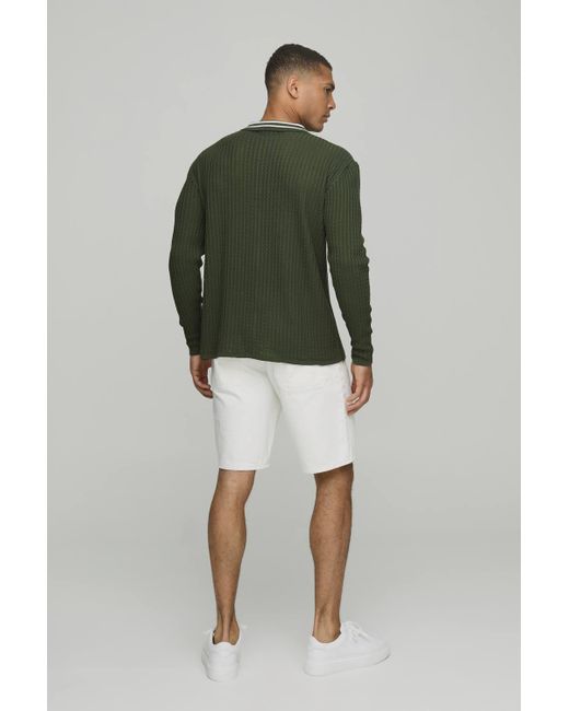 Boohoo Green Regular Fit Embroidered Lightweight Zip Up Knitted Shirt
