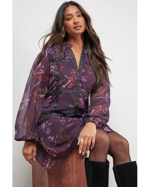 Oasis Purple Printed Embellished Trim Detail Chiffon Mini Dress