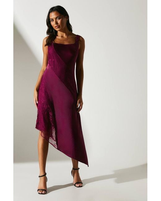 Coast Red Satin Lace Mix Midi Wedding Guest Dress With Asymmetric Hem