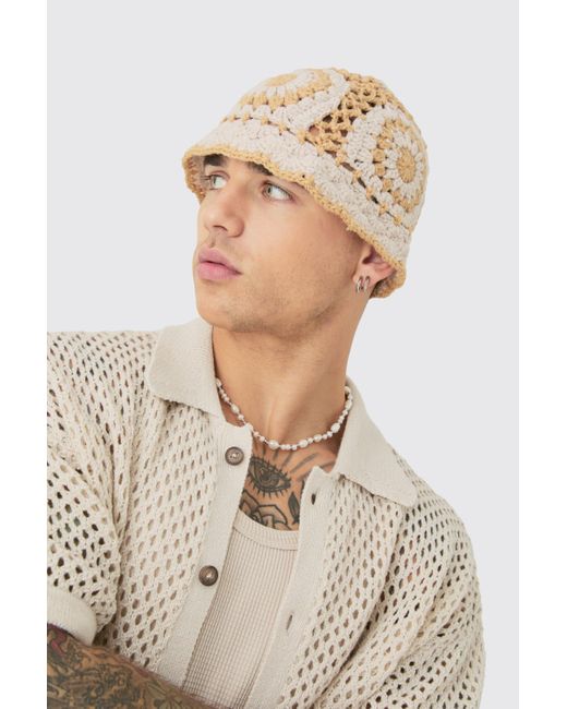 BoohooMAN Natural Crochet Bucket Hat In Ecru for men