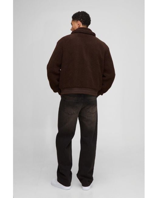 Boohoo Brown Regular Fit Borg Collared Bomber Jacket