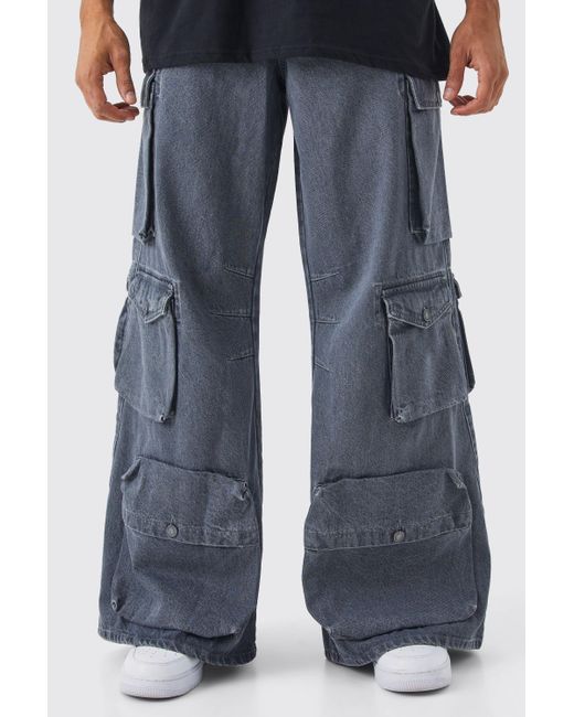BoohooMAN Blue Extreme Baggy Rigid Multi Cargo Pocket Acid Wash Jean for men