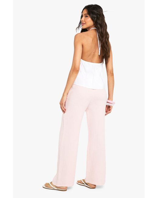 Boohoo Pink Cheesecloth Tie Waist Straight Leg Trousers