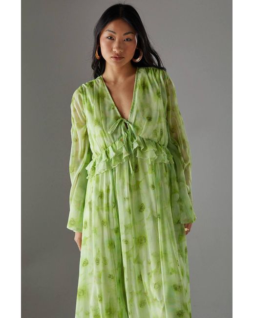 Warehouse Green Petite Chiffon Plunge Neck Ruffle Midi Smock Dress