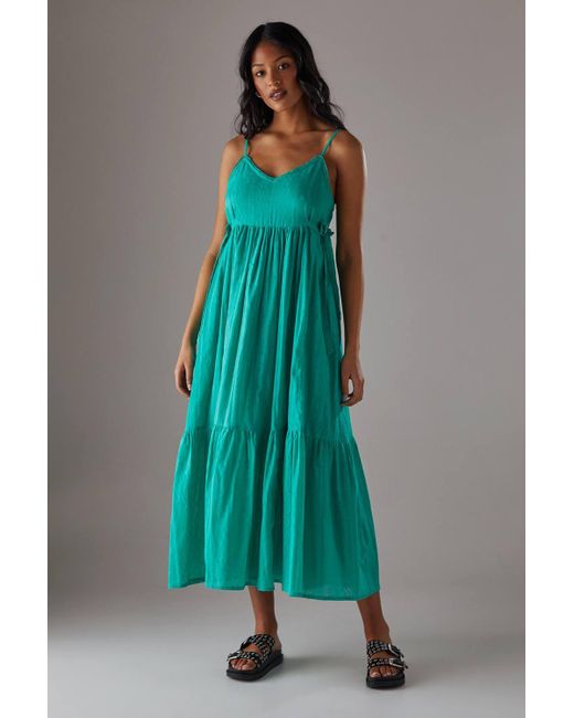 Warehouse Green Cotton Dobby Strappy Tie Waist Midi Sundress