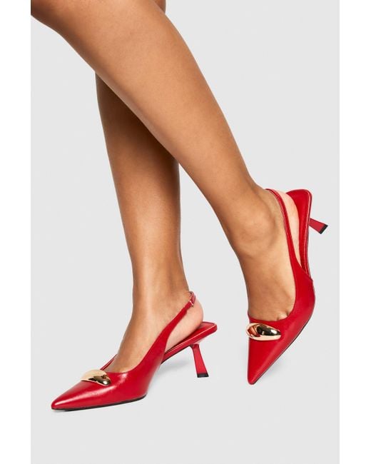 Boohoo Red Hardware Low Stiletto Slingback Court Shoes