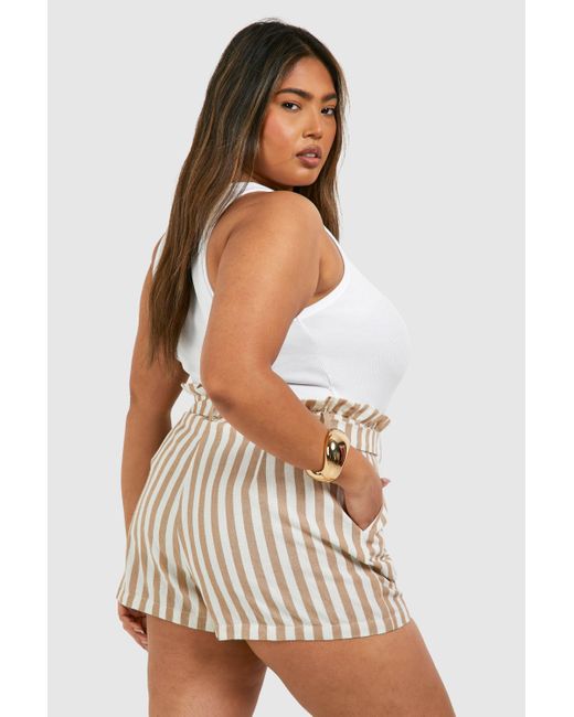 Plus Linen Look Striped Paperbag Waist Shorts Boohoo de color White