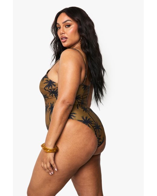 Boohoo Multicolor Plus Palm Tree Print Bathing Suit
