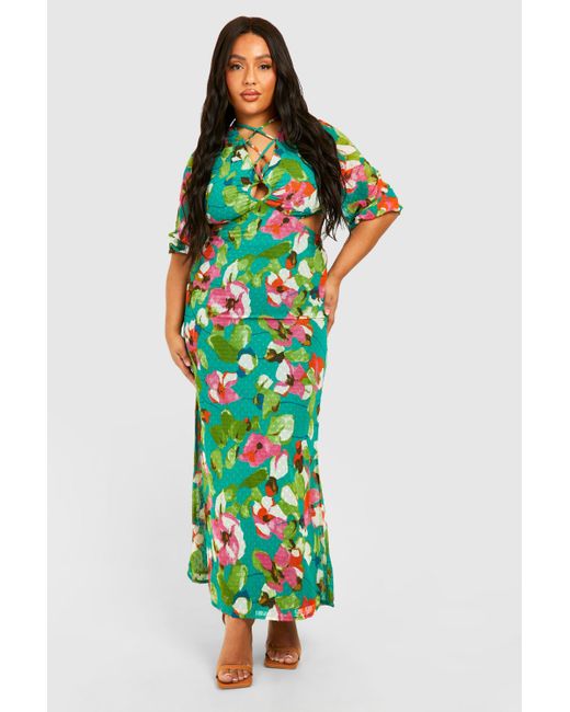 Boohoo Green Plus Woven Floral Print Plunge Long Sleeve Midaxi Dress