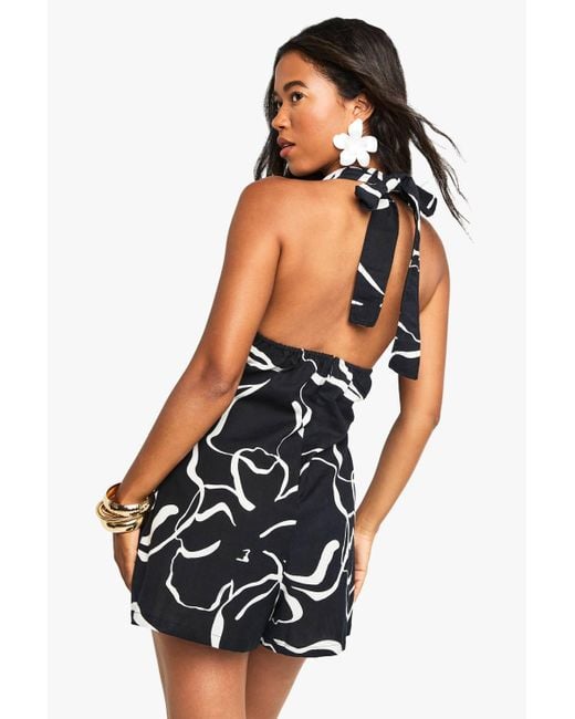 Boohoo White Abstract Floral Crinkle Romper