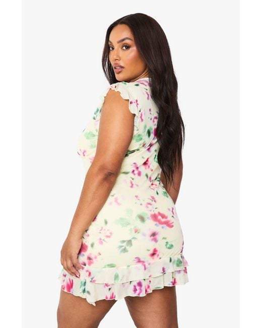 Boohoo White Plus Floral Mesh Drop Hem Mini Dress