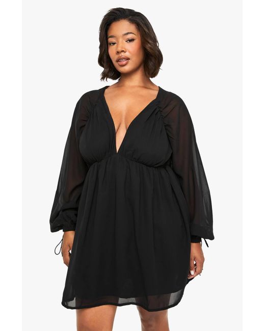 Boohoo Black Plus Chiffon Volume Sleeve Skater Dress