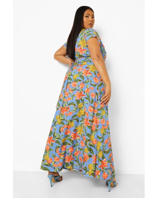 Boohoo Plus Floral Print Wrap Front Maxi Dress in Blue - Lyst