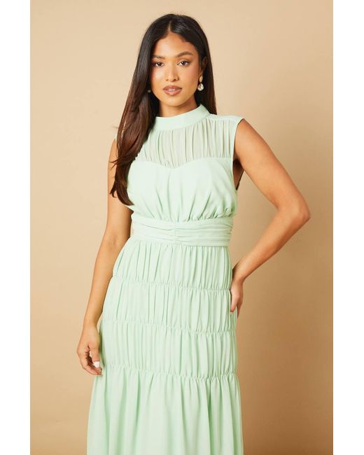 Oasis Green Petite Gathered High Neck Chiffon Midi Dress