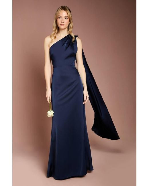 modest short sleeve bridesmaid dresses Dark Navy Bridesmaid Dress Sleeveless Tea Length One Shoulder Sheath/Column Stretch Satin Bridesmaid Dress