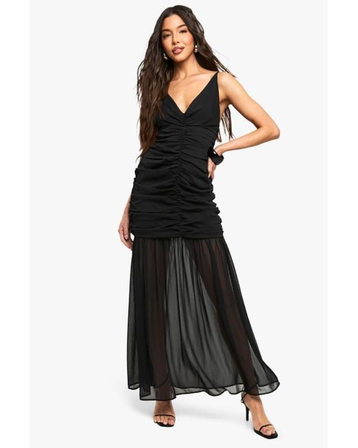 Boohoo Black Chiffon Ruched Plunge Maxi Dress