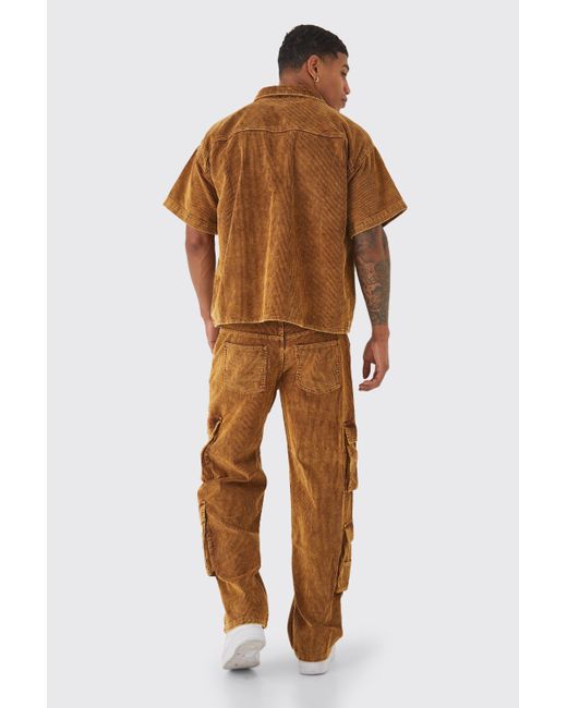 BoohooMAN Brown Baggy Multi Pocket Acid Wash Cord Cargo Trouser for men
