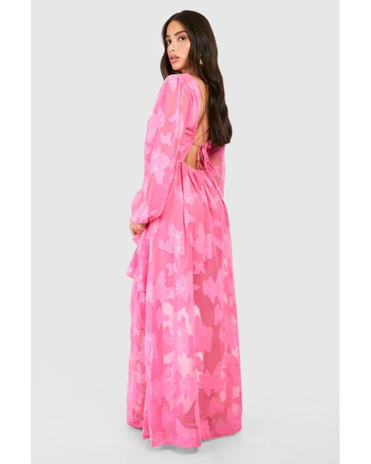 Boohoo Pink Petite Burnout Floral Frill Detail Maxi Dress