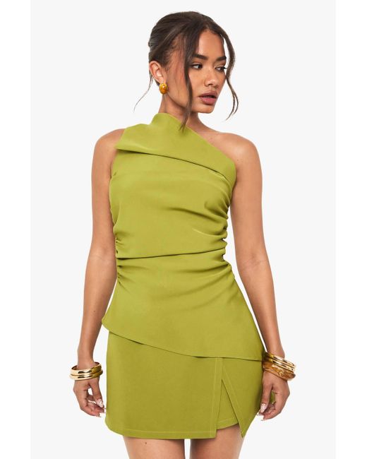 Boohoo Green Woven One Shoulder Ruched Top