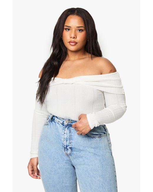 Boohoo White Plus Bardot Twist Knot Detail One Piece