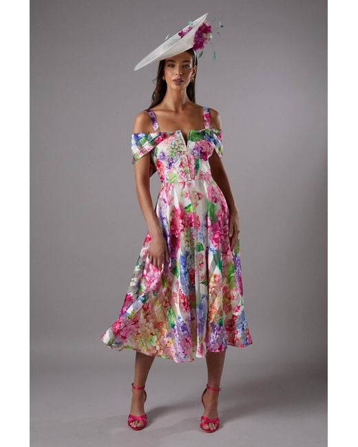 Coast Multicolor Lisa Tan Printed Organza Bardot Midi Dress