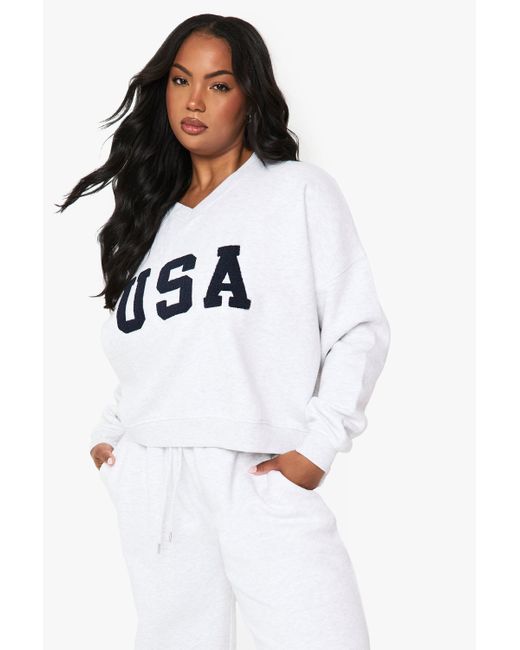 Boohoo White Plus Usa V Neck Oversized Sweatshirt