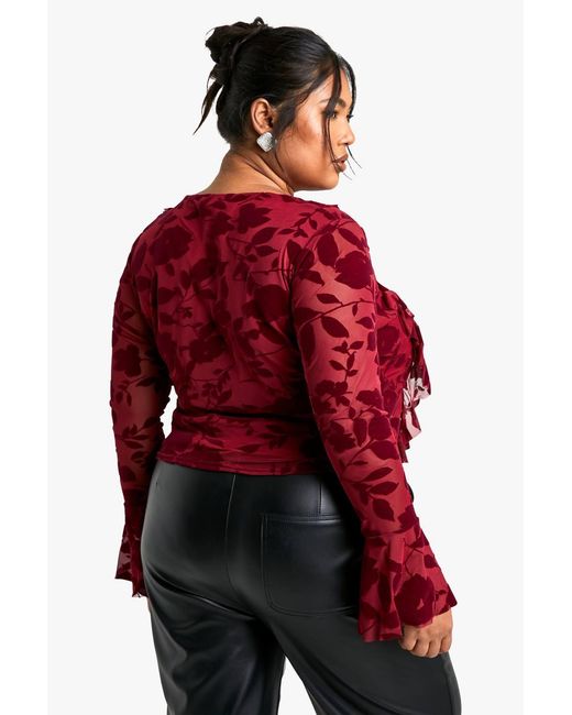 Boohoo Red Plus Devore Tie Front Blouse