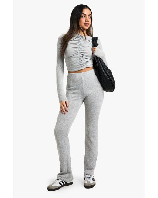 Boohoo Gray Melange Rib Ruched Top And Flare Trouser Set