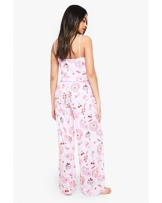 Boohoo Pink Mixed Print Lettuce Hem Cami & Pants Pyjama Set